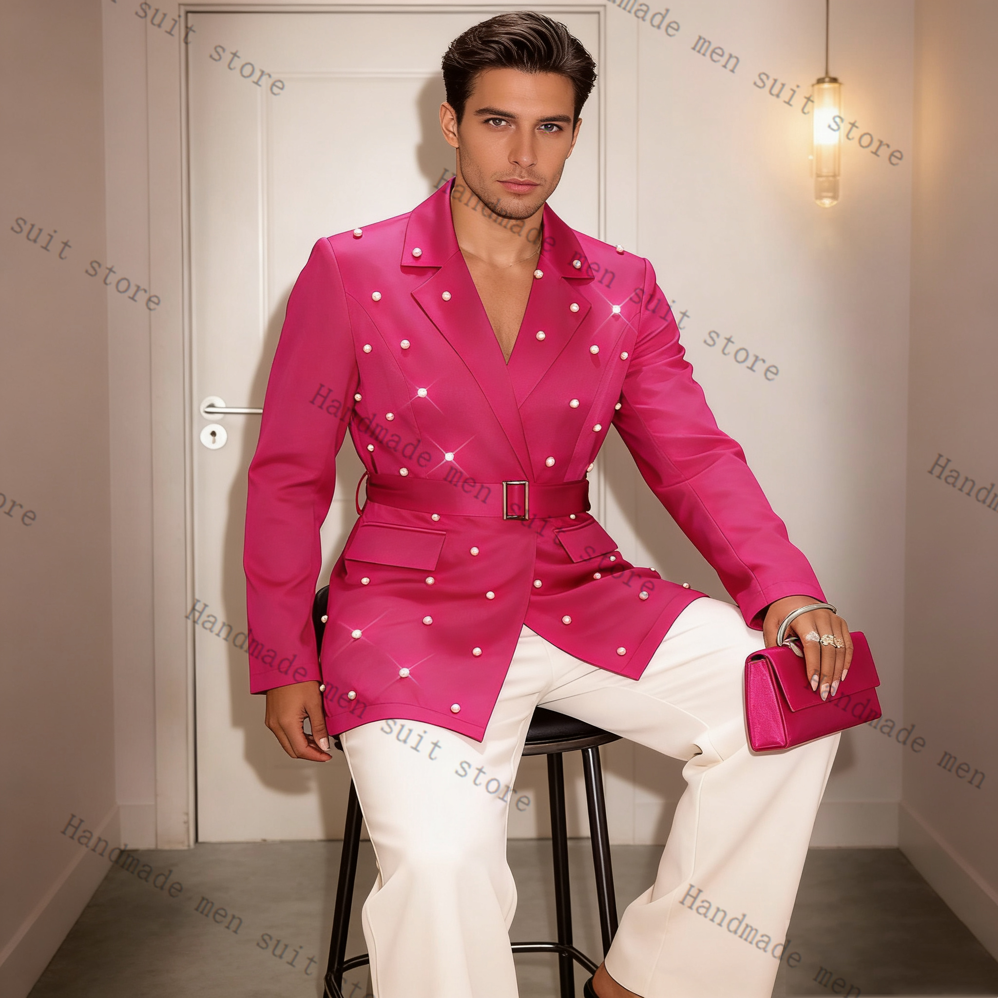 Pearls Pink Men Suit Set 2 Pie – обзор и цена Men'S Formal Wear Belt
