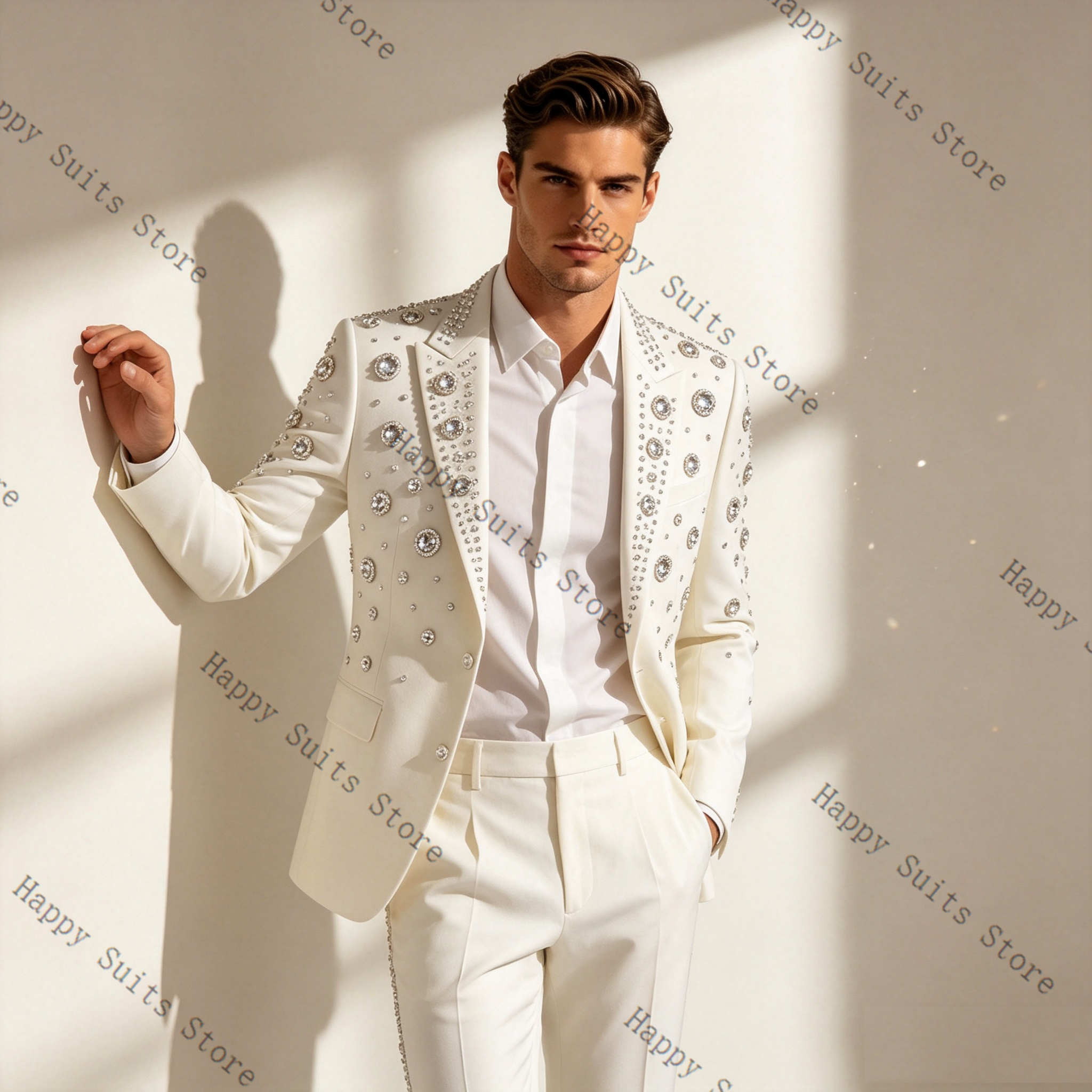 Crystals White Men Suit Set 2  – обзор и цена Formal Wear Jersey For Men