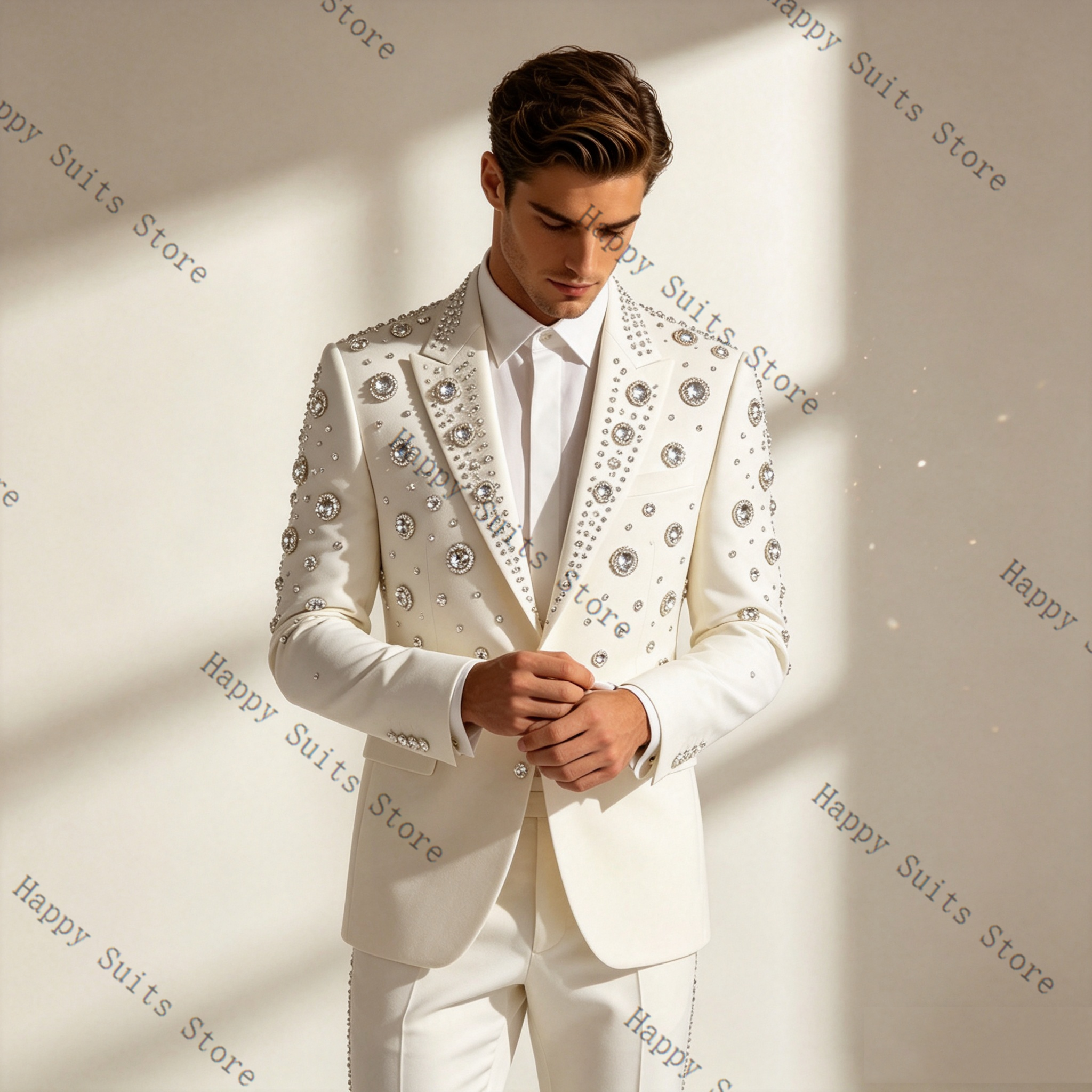 Crystals White Men Suit Set 2  – обзор и цена Formal Wear Jersey For Men
