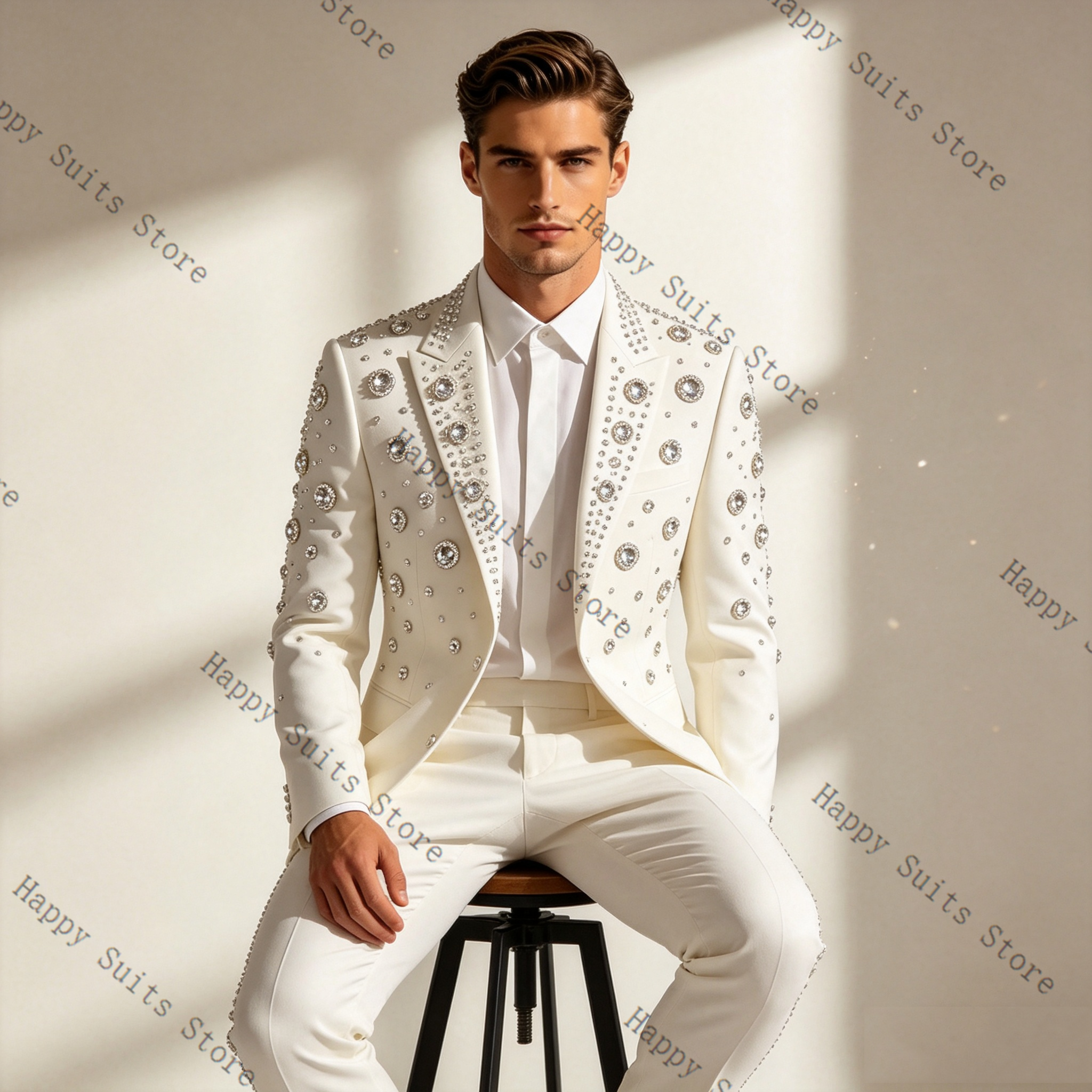 Crystals White Men Suit Set 2  – обзор и цена Formal Wear Jersey For Men